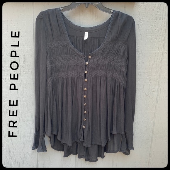 Free People Tops - Free People Black Lace Collar Button Down Tunic S
